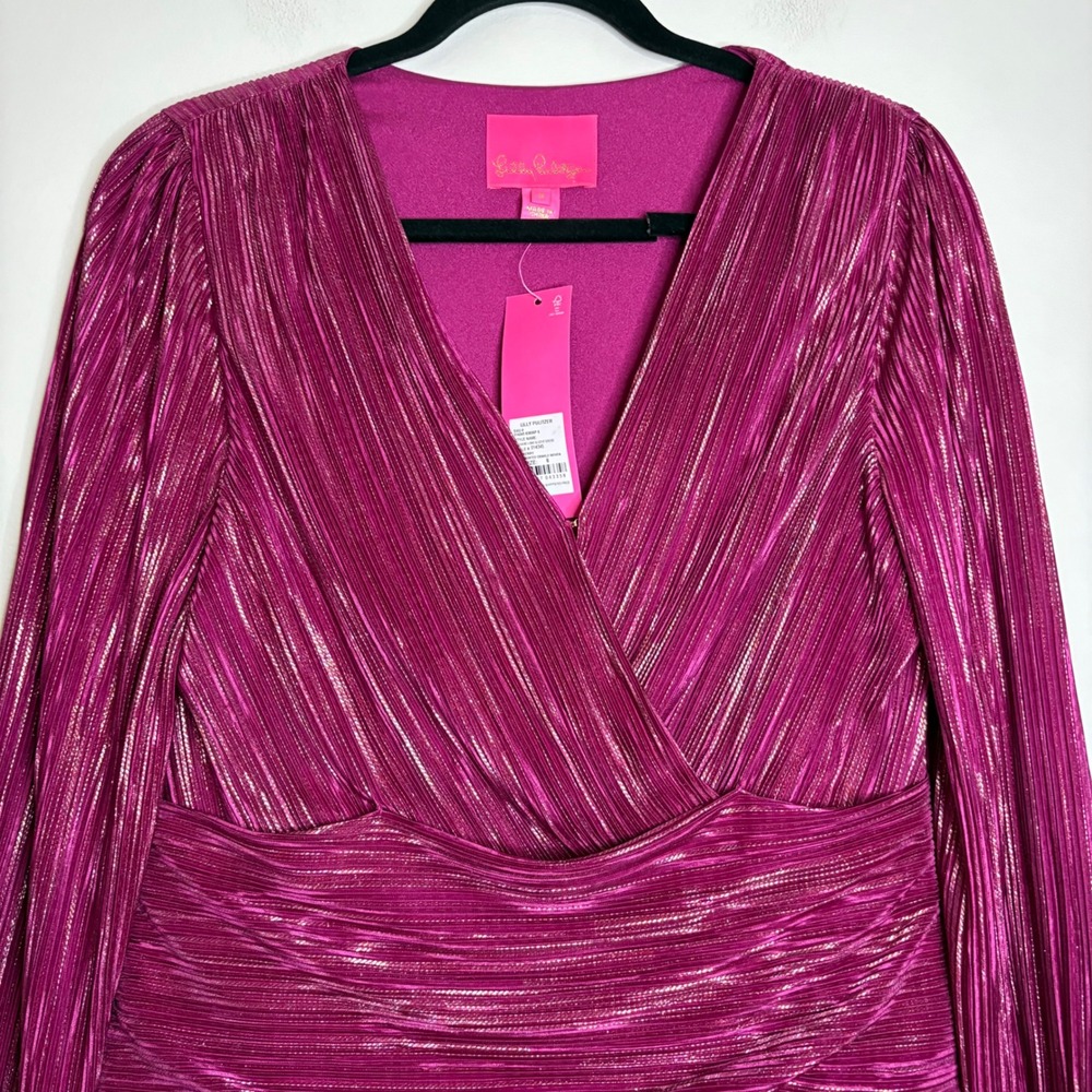 LILLY PULITZER Jessamie Long Sleeve Foil Printed Crinkle Woven Dress Sz 8 - Picture 3 of 8
